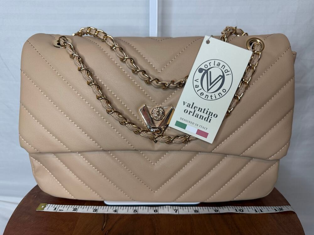 Valentino Orlandi Angel Quilted Taupe Chain Shoulder Crossbody Bag NWT Large